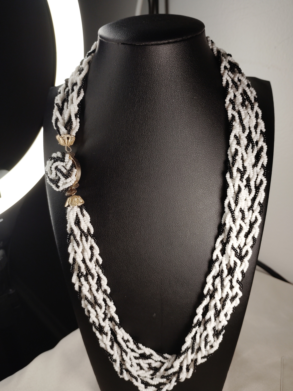 Vintage Japan Black White Seed Bead Torsade Necklace Statement Multi Strand